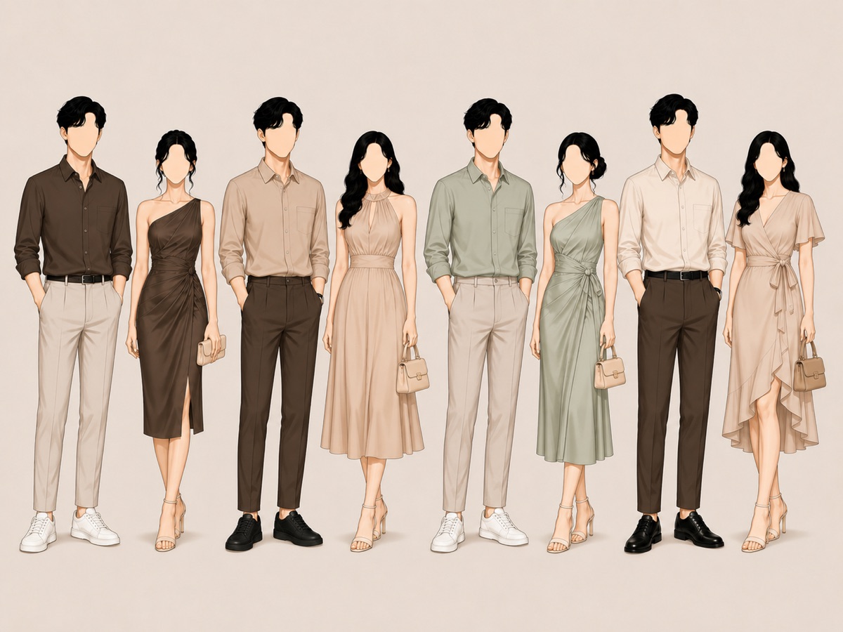 Guests in choco brown, nude, beige, and sage green polos, slacks, cocktail dresses, and long gowns