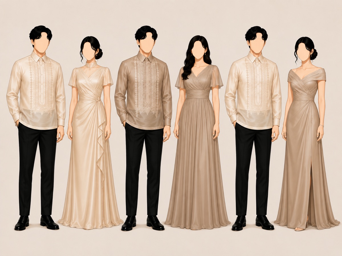 Ninong in champagne and taupe barong tagalog with Ninang in floor-length champagne and taupe gowns